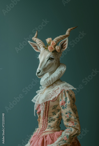 Goat lady wearing a baroque style formal attire. Nobel family, absurd background.