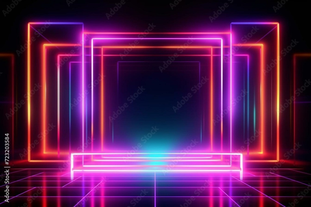 Abstract neon geometric background with stage laser show illumination and virtual reality. Colorful rectangular shapes, square frames and glowing neon lines. Generative AI