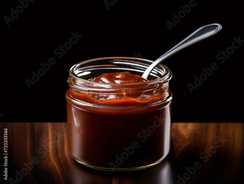 a jar of sauce with a spoon