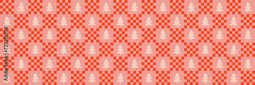 Cute retro vintage Christmas tree Checkerboard Y2K seamless pattern vector background. Abstract festive red and pink texture wallpaper with Xmas tree icon silhouette, modern trendy textile design