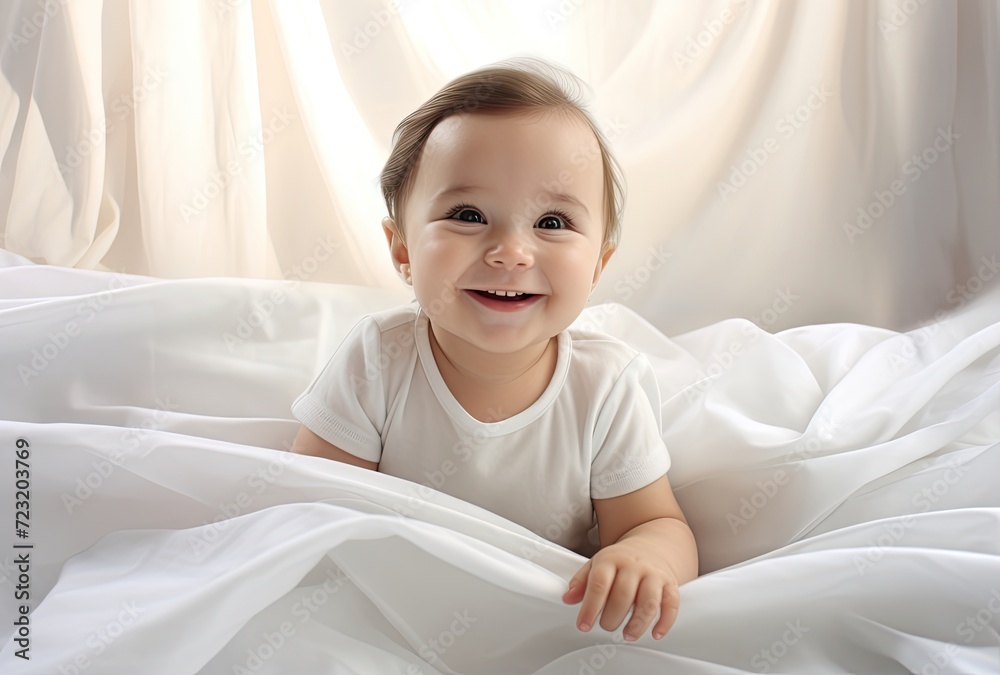 A delightful portrait capturing the joyous laughter of a smiling toddler boy, sitting happily in his diaper. A delightful portrait capturing the joyous laughter of a smiling toddler boy, sitting happily in his diaper.
