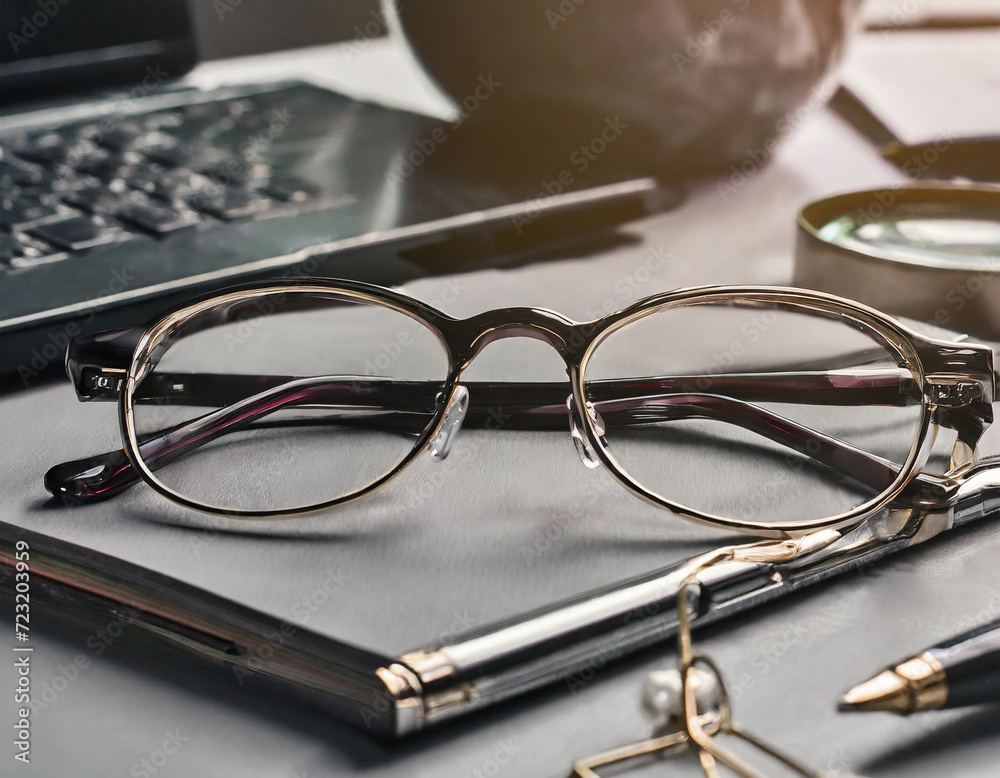 Fototapeta premium glasses, calculator and pen on notebook. Office, business background