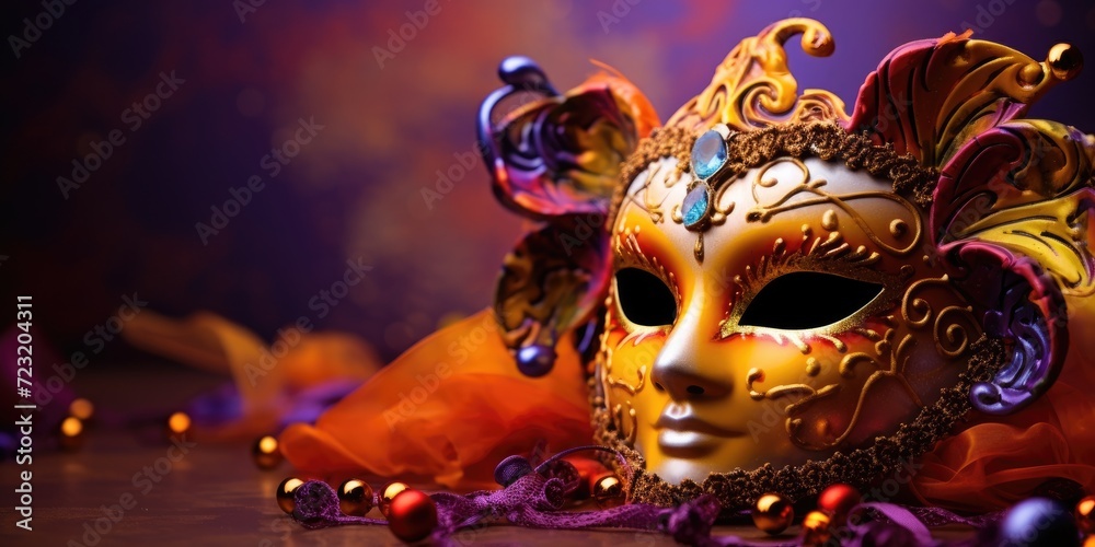 A vibrant Mardi Gras carnival mask adorned with beads, feathers, and festive decorations against a colorful background.