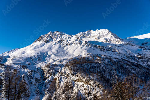 Panorama of the snow-capped peaks of the Swiss Alps on a bright sunny day