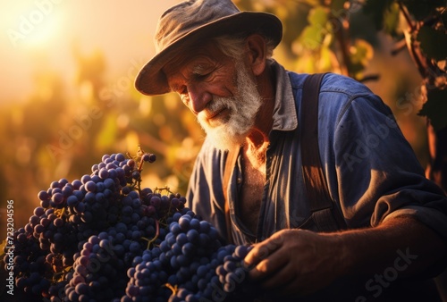 An elderly man joyfully harvesting a bountiful crop of grapes from the vineyard.