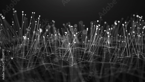 Network connection points and lines. Data technology illustration. Abstract background with dynamic wave. Plexus. Black and white background. 3D rendering.