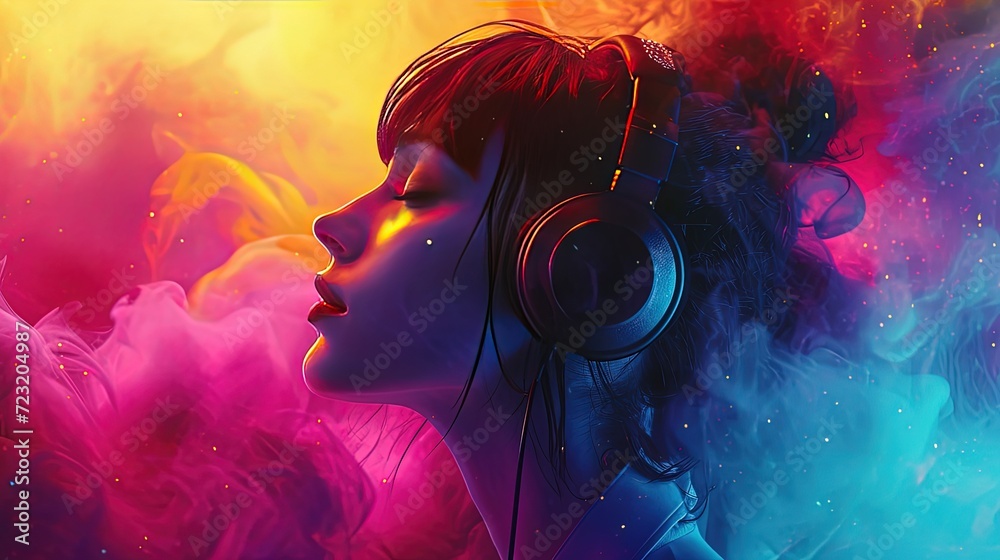 Artistic side profile of a woman lost in music, her face enveloped in swirling, neon-colored smoke.
