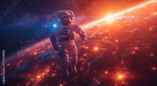 A solitary astronaut drifts through the vast emptiness of outer space, gazing upon the awe-inspiring sight of earth and the radiant sun, a reminder of the fragile beauty of our universe