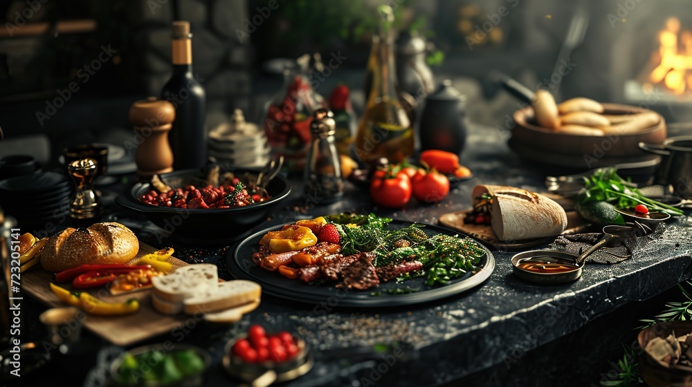 A rustic gourmet feast spread out on a stone table, with a warm fireside glow adding to the ambiance of a cozy and delicious dining experience.