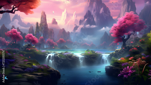 Beautiful landscape background with mountain and forest,, Beautiful Fantasy World Landscape Background  © Abdul