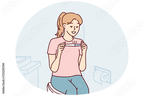 Positive woman happily looking at pregnancy test result. Casual girl sitting in toilet is relieved to learn about imminent birth of child or absence of signs of pregnancy. Flat vector illustration