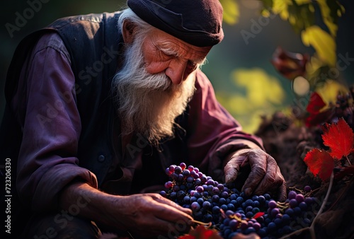 The seasoned farmer gathers an abundant harvest of grapes with satisfaction and pride.