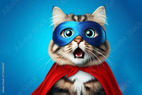 cat surprised face with bulging big eyes in mask and hero cape over blue bright background. ai generative