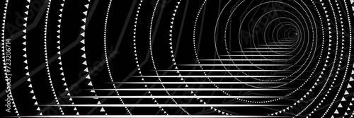 Abstract Black and White Pattern with Circles and Ladder. Spiral Round Tunnel. Geometric Psychedelic Texture in Perspective. Raster. 3D Illustration