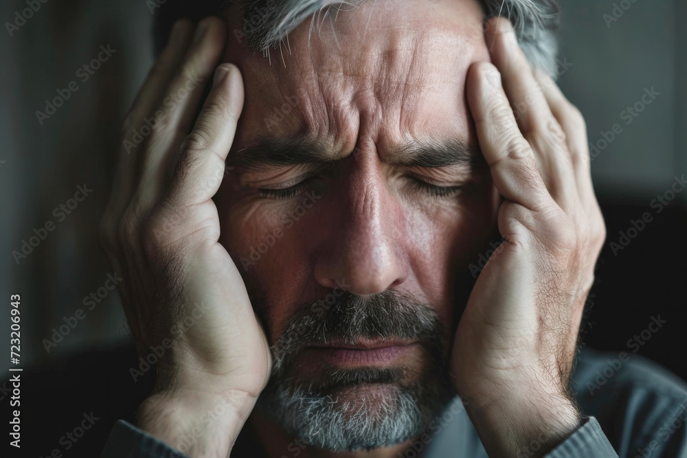 Tired adult man with headache, migraine, at home. Frowning man suffering pain from chronic fatigue and stress, massaging his head. Generative Ai