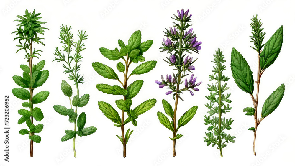 Obraz premium Botanical illustration of medicinal aromatic garden herbs on white background. Mint,oregano,coriander, rosemary,basil,parsley dill and thyme. Generative AI.