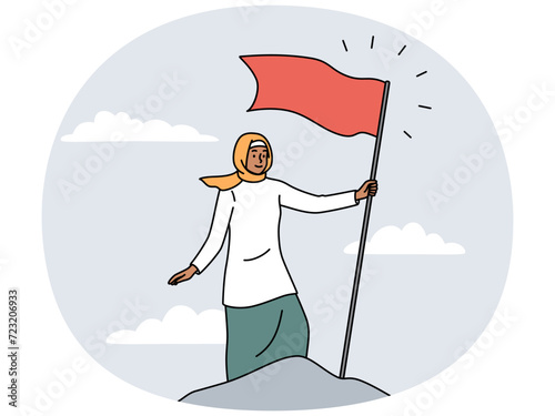 Smiling Arabic woman in hijab reach mountain peak put red flag on top. Successful arab female reach goal or aim. Success and victory. Vector illustration.