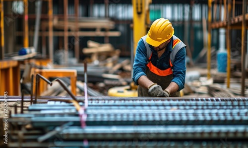 Photo of ironmonger who ties iron straight roxors on a construction site with a lot of construction tools and equipment in the background.