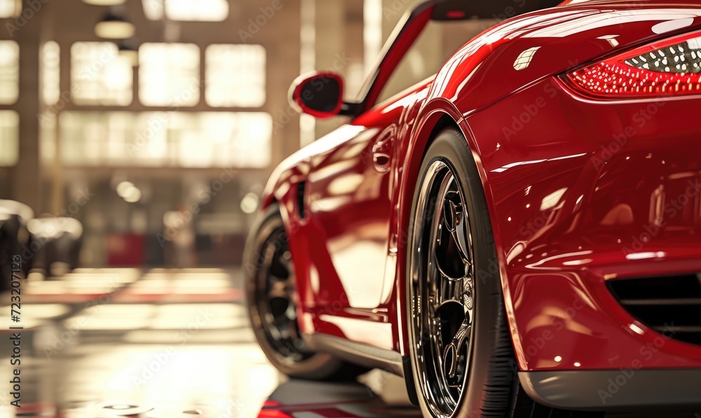 Capturing the sleek design and advanced technology of a luxury concept car, this close up highlights the details of a parked vehicle's alloy wheel and synthetic rubber tire at an indoor auto show.