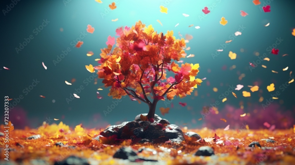 A 3D holographic tree with 2D leaves falling in autumn colors