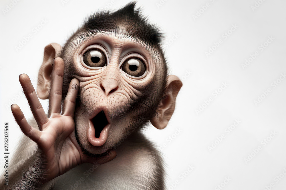 portrait monkey with surprised face and bulging big eyes showing love making kiss with hand. ai generative portrait monkey with surprised face and bulging big eyes showing love making kiss with hand. ai generative