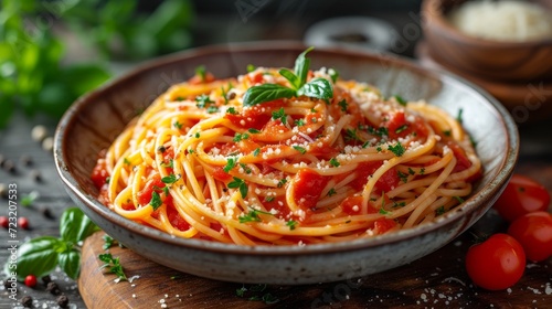 Spaghetti with tomato sauce well decorated food photo