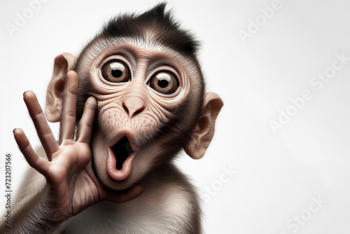 portrait monkey with surprised face and bulging big eyes showing love making kiss with hand. ai generative