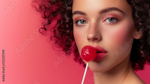 Woman With a Strawberry Lollipop in Her Mouth