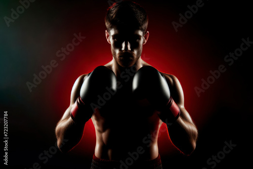 silhouette Angry MMA fighter stand wearing boxing gloves on a black background. ai generative