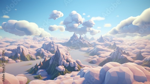 A 3D mountain range with 2D cartoon-like clouds hovering above
