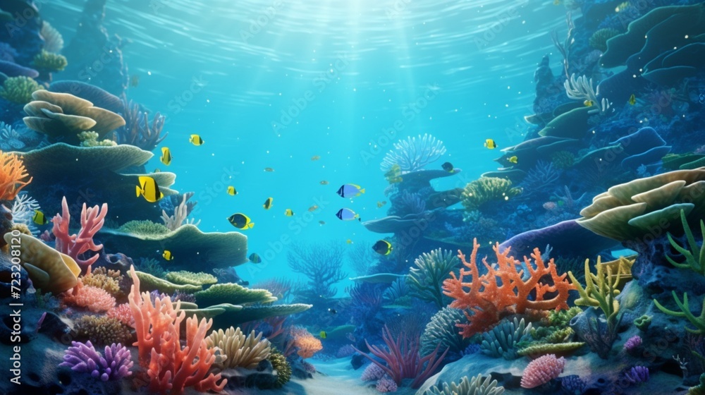 A 3D rendered ocean with 2D animated sea creatures swimming amidst coral reefs
