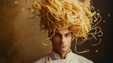 Creative Portrait of a Young Man With Flying Spaghetti as Hair