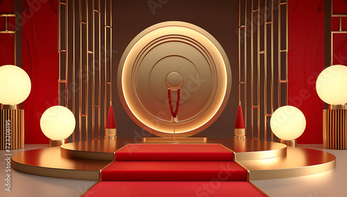 beautiful golden award podium with red carpet backdro photo
