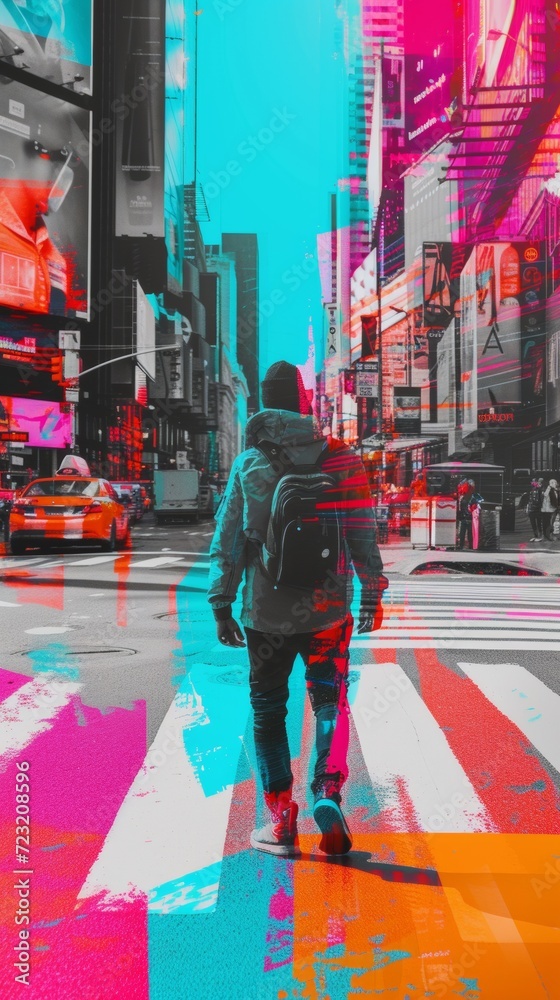 Obraz premium Man Walking Across a Crosswalk in a Busy City Street