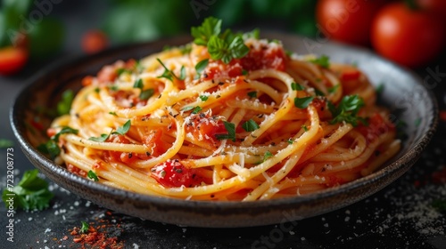 Spaghetti with tomato sauce well decorated food photo