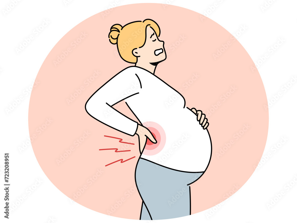 Unwell pregnant woman suffer from backache. Unhealthy exhausted female with big belly tired with pregnancy have pain at lower back. Vector illustration. Unwell pregnant woman suffer from backache. Unhealthy exhausted female with big belly tired with pregnancy have pain at lower back. Vector illustration.