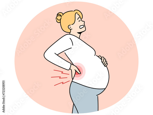 Unwell pregnant woman suffer from backache. Unhealthy exhausted female with big belly tired with pregnancy have pain at lower back. Vector illustration.