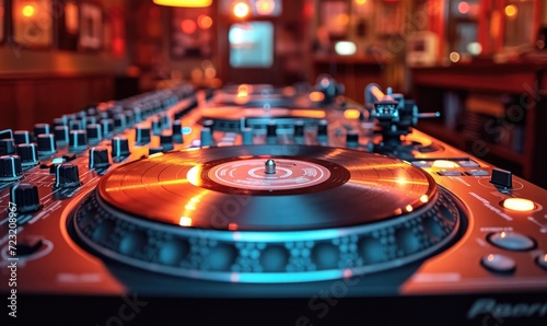 Capturing the nostalgic essence of vinyl, the record player spins its melodic magic as the mixing console orchestrates a symphony of sound in this electronic haven for music lovers.