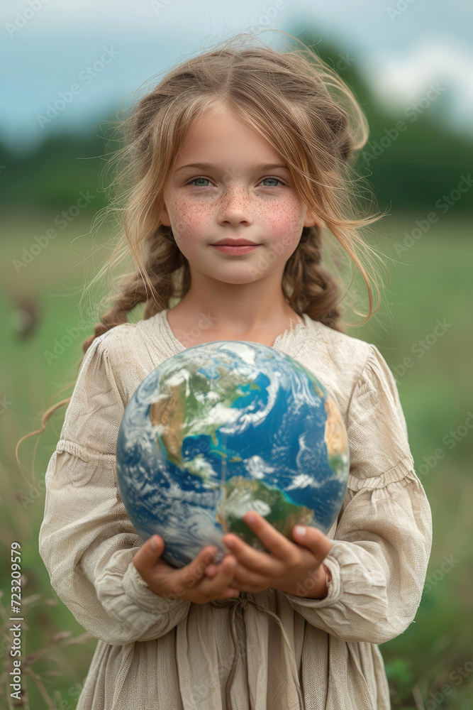 Fototapeta premium A child girl holding the planet earth. Save nature Earth day concept