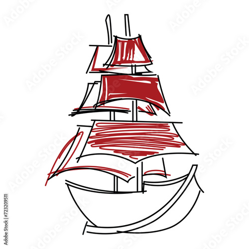 Linear sketch of a sailing ship with scarlet sails. For decoration, design and scrapbooking. Vector illustration