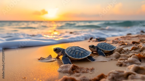 Baby Turtles' Journey to the Ocean at Sunrise, New Beginnings