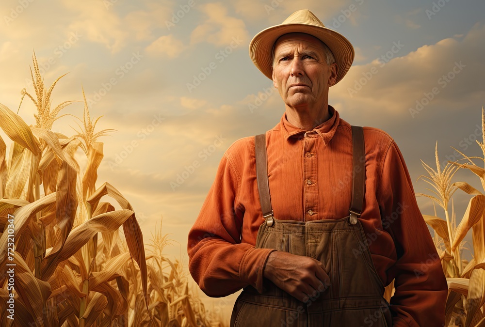 Fototapeta premium A close-up of the farmer's hand proudly grasping a harvested ear of corn amidst the vast field.