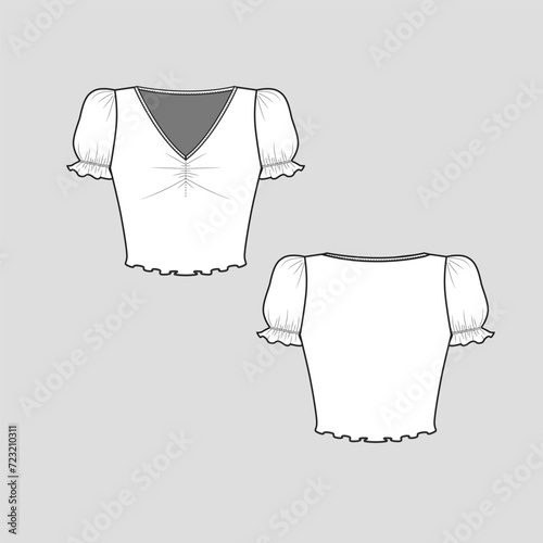 Gathering Ruffle Sleeve lettuce hem Crop top v neck Gathering ruched detail frill Short sleeve cropped lettuce fashion t shirt top blouse flat sketch technical drawing template design vector