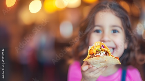 Happy preteen enjoying tacos in restaurant with blurred background and copy space
