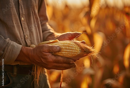 A close-up of the farmer's hand proudly grasping a harvested ear of corn amidst the vast field. photo