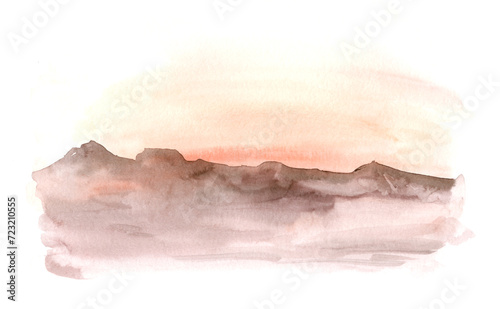 Watercolor landscape  african desert sunrise. Hand painted nature view with Acacia trees. Beautiful safari scene for wedding invitation pre-made card design