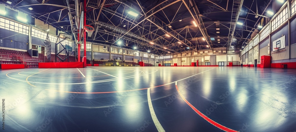Empty indoor basketball court with copy space, panoramic wallpaper for design and advertising.