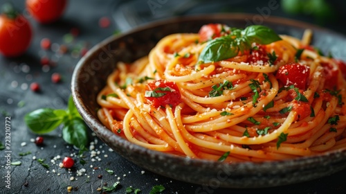 Spaghetti with tomato sauce well decorated food photo