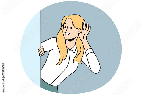 Smiling woman look behind wall listening to gossip or hearsay. Happy female make hand gesture hear hidden information or messages. Vector illustration.