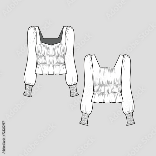 Gathering smocked long puff sleeve top Fancy neck elastic gathering detail smocked detail cuffs Fashion clothing outline flat sketch technical drawing template design vector